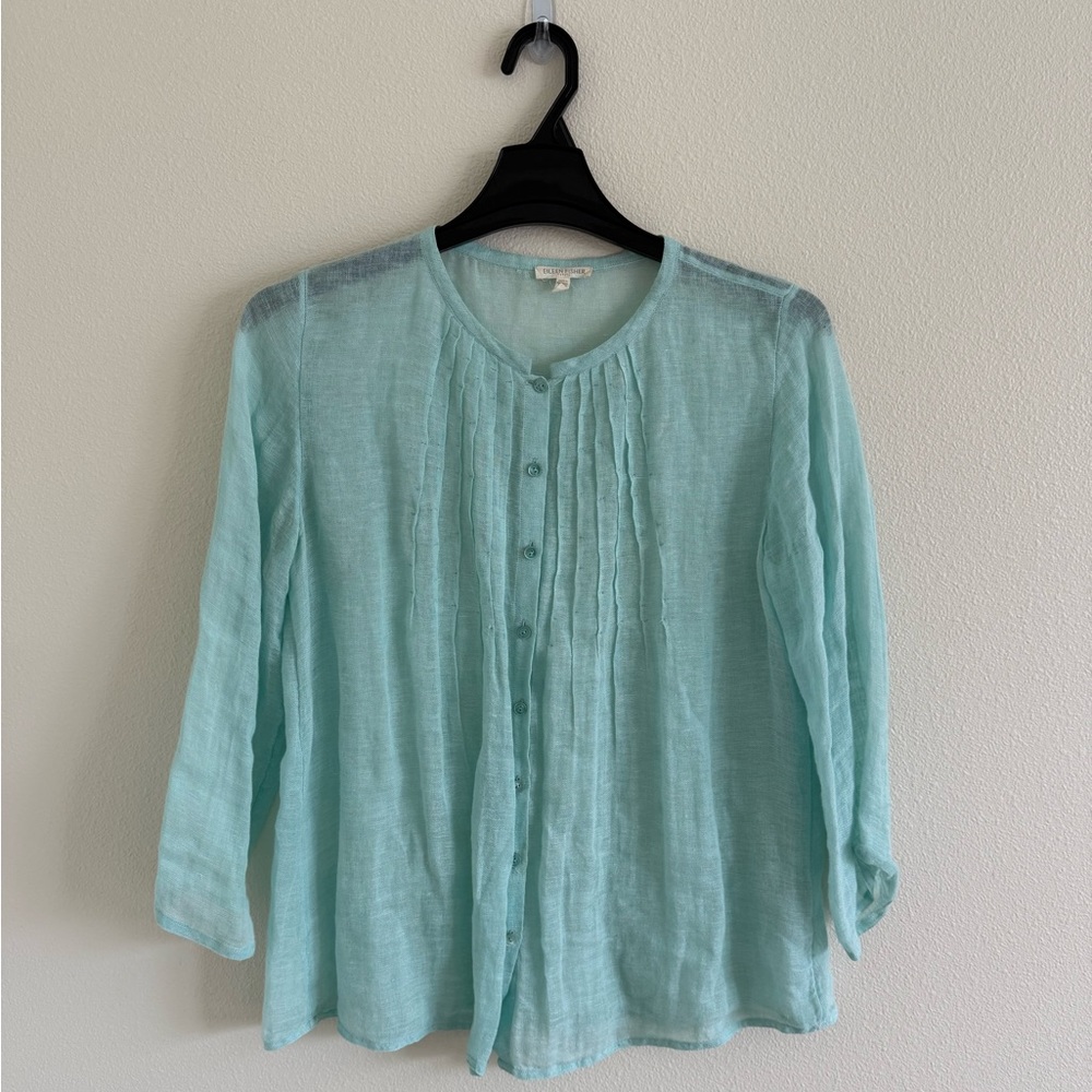 Eileen Fisher Petite 100% Italian Linen Button Blouse Blue Sheer Spring Summer